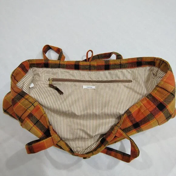 Maurices Plaid Flannel Tote Bag Button Closure Front Pocket Striped Lining - Picture 5 of 16